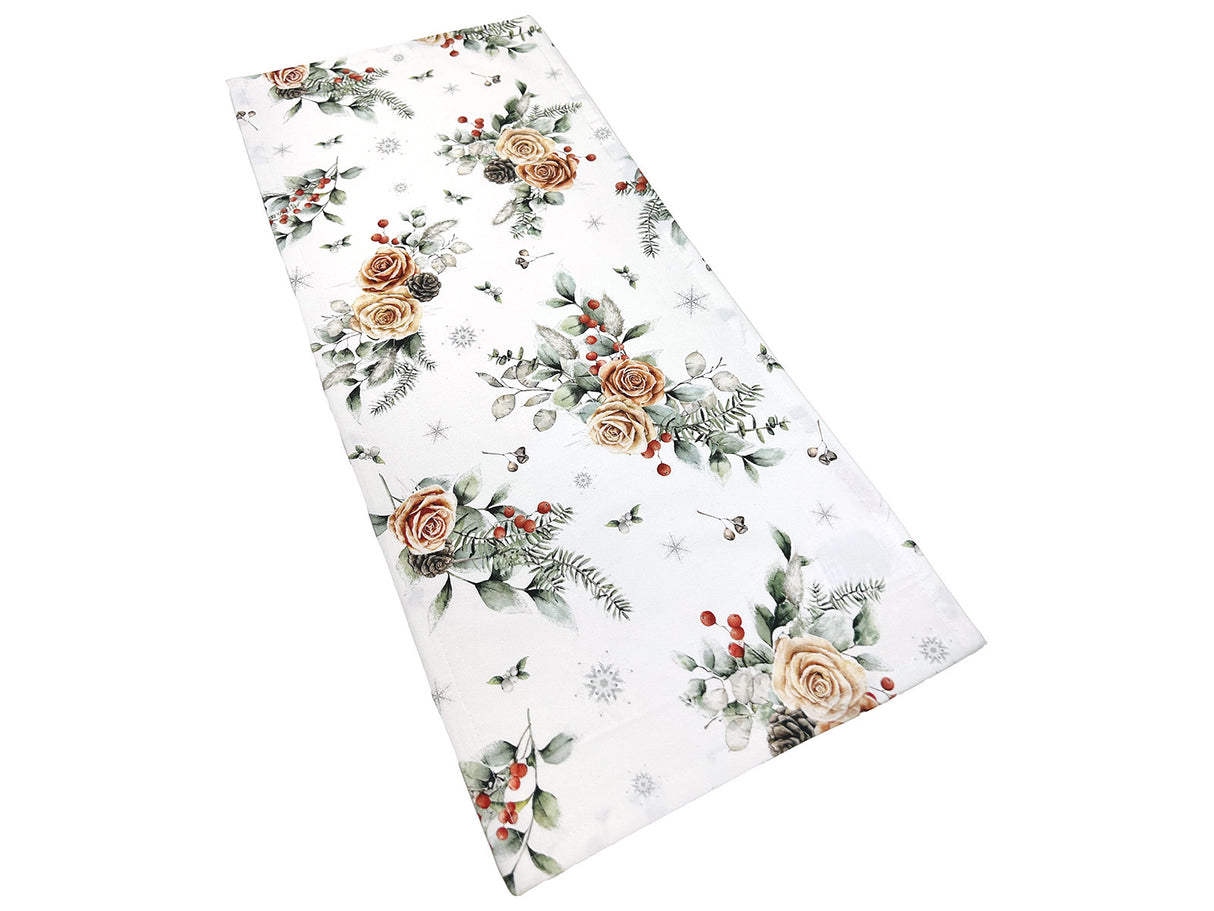 Weisser XS Tischlaeufer – Winterdeko mit gefrosteten Rosen in orange – 100% Baumwolle – aus der beties Magie des Winters "Frost-Rose" Kollektion.