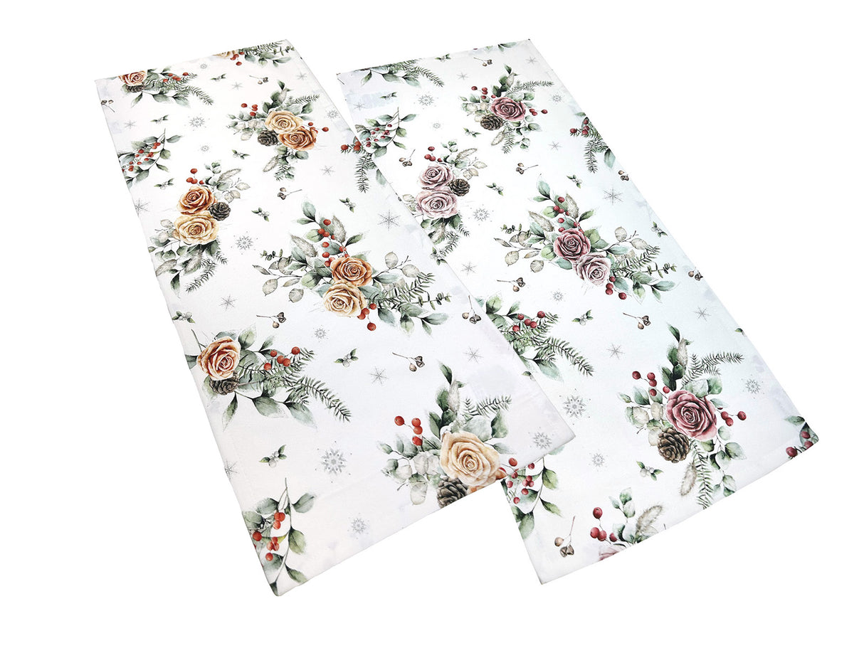 XS Tischläufer ca. 32x74 cm – Winterdeko mit gefrosteten Rosen – 100% Baumwolle – beties Magie des Winters "Frost-Rose"