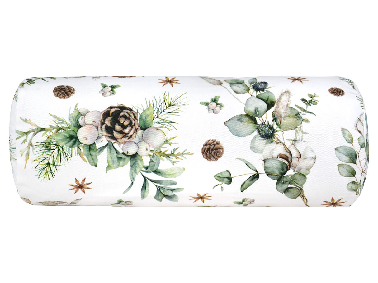 Weisse Nackenrollenhuelle ca. 15x40 cm – Winterdeko mit Tannenzapfen und Zweigen – 100% Baumwolle – aus der beties Kollektion, "Magie des Winters – Moggl"