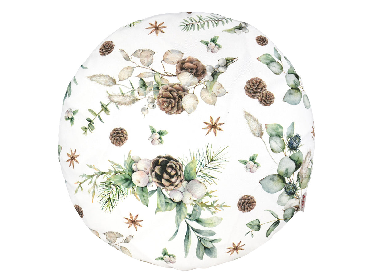 Runde Kissenhuelle ca. 40 cm im Durchmesser – Winterdeko mit Tannenzapfen – 100% Baumwolle – aus der beties Kollektion Magie des Winters "Moggl"