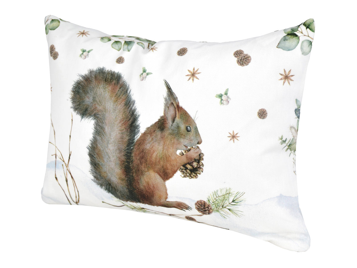 Kissenhülle ca. 25x35 cm – Winterdeko mit einem Eichhoernchen und Kieferzapfen – 100% Baumwolle – beties Magie des Winters "Moggl-Eichhörnchen"