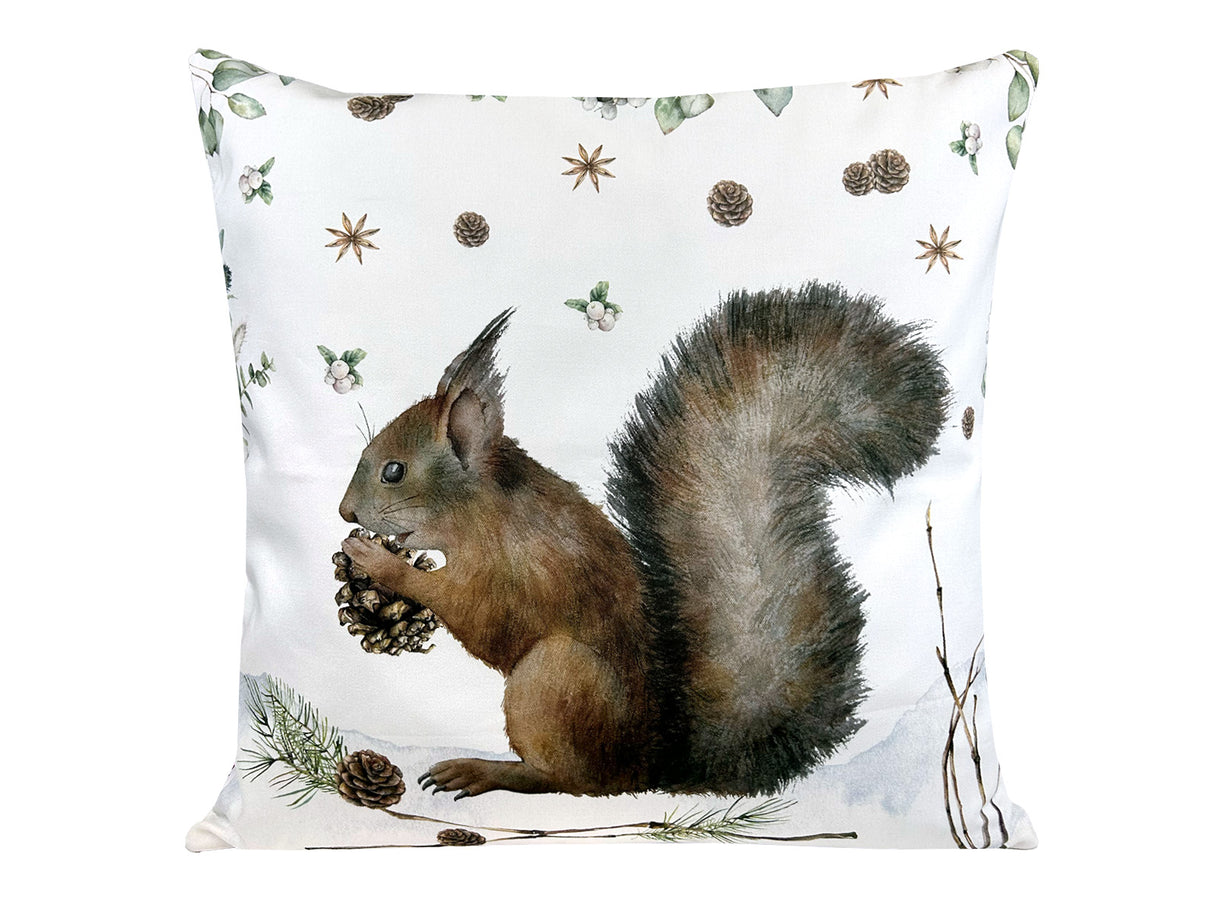 Kissenhülle ca. 50x50 cm – Winterdeko mit Eichhörnchen und Tannenzapfen – 100% Baumwolle – beties Magie des Winters "Moggl-Eichhörnchen"
