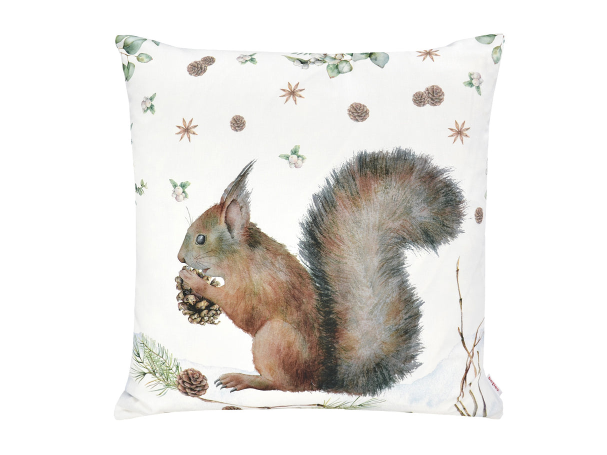 Kissenhülle ca. 50x50 cm – Winterdeko mit Eichhoernchen und Tannenzapfen – 100% Baumwolle – beties Magie des Winters "Moggl-Eichhörnchen"