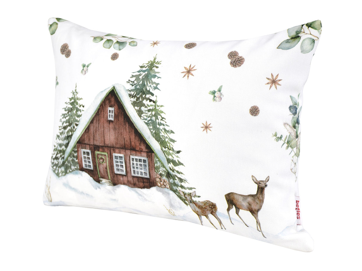 Kissenhülle ca. 25x35 cm – Winterdeko mit Hütte und Rehen – 100% Baumwolle – beties Magie des Winters "Moggl-Hütte"