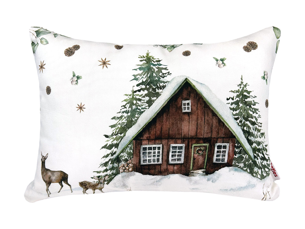 Kissenhülle ca. 25x35 cm – Winterdeko mit Hütte und Rehen– 100% Baumwolle – beties Magie des Winters "Moggl-Hütte"