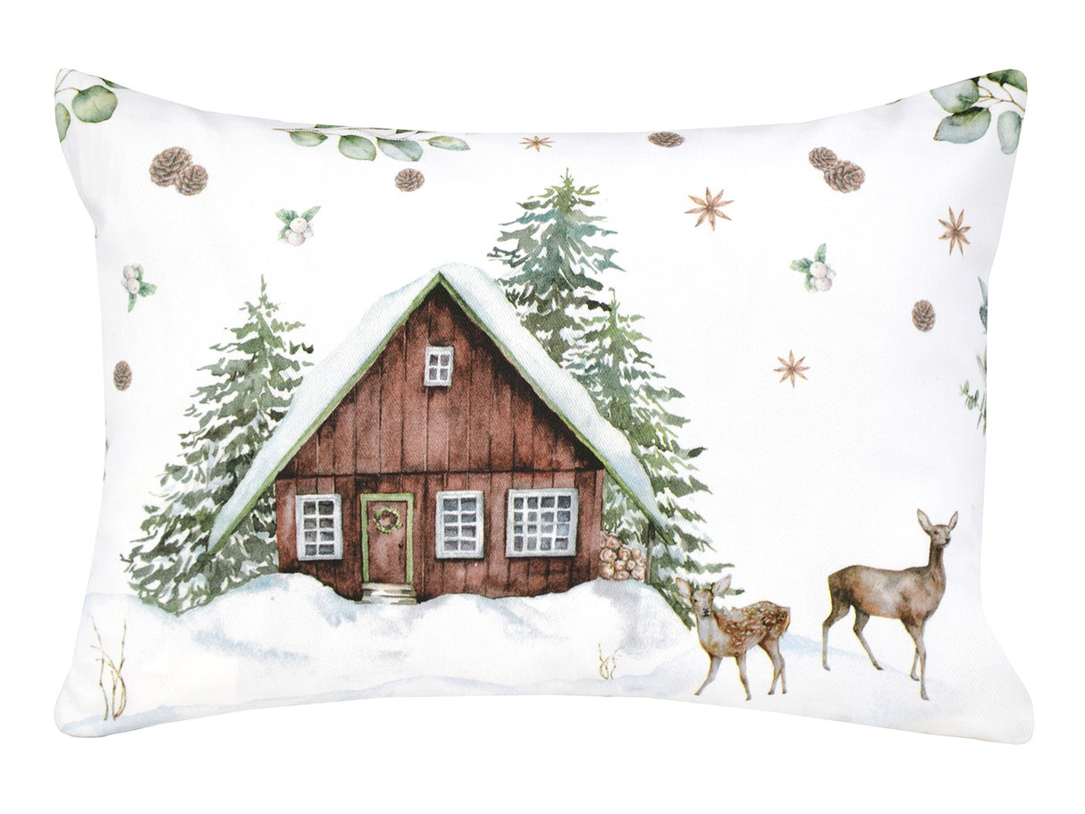Kissenhülle ca. 25x35 cm – Winterdeko mit Hütte und Rehen– 100% Baumwolle – beties Magie des Winters "Moggl-Hütte"