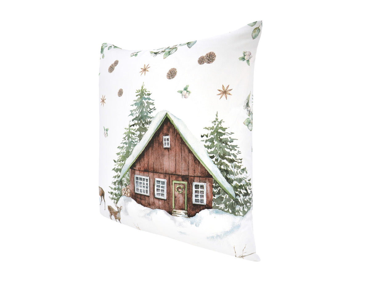 Kissenhülle ca. 50x50 cm – Winterdeko mit Hütte und Rehen – 100% Baumwolle – beties Magie des Winters "Moggl-Hütte"