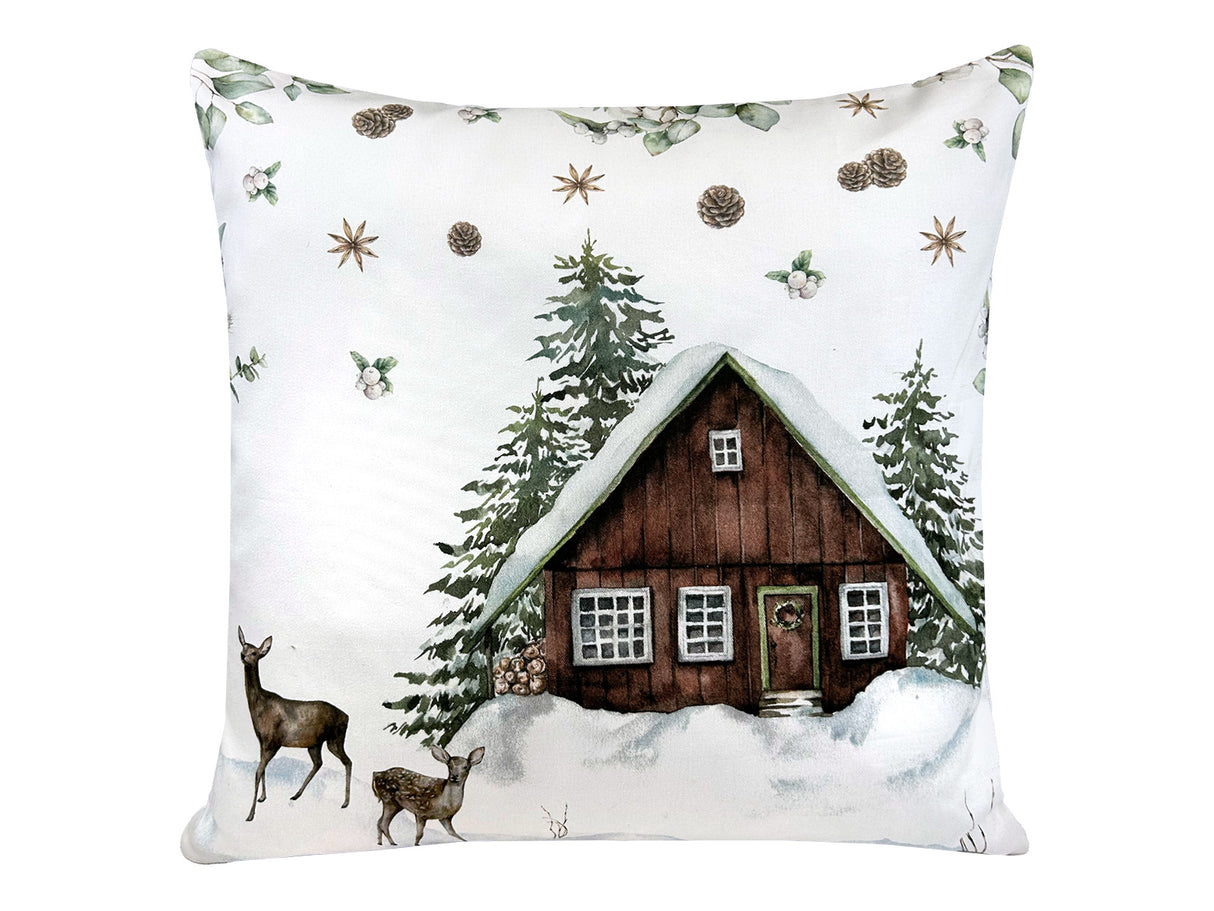 Kissenhülle ca. 50x50 cm – Winterdeko mit Hütte und Rehen – 100% Baumwolle – beties Magie des Winters "Moggl-Hütte"