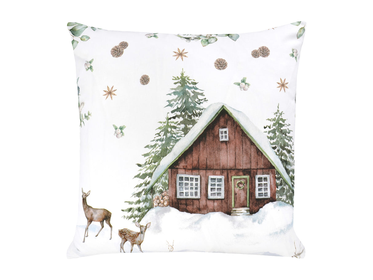 Kissenhülle ca. 50x50 cm – Winterdeko mit Hütte und Rehen – 100% Baumwolle – beties Magie des Winters "Moggl-Hütte"