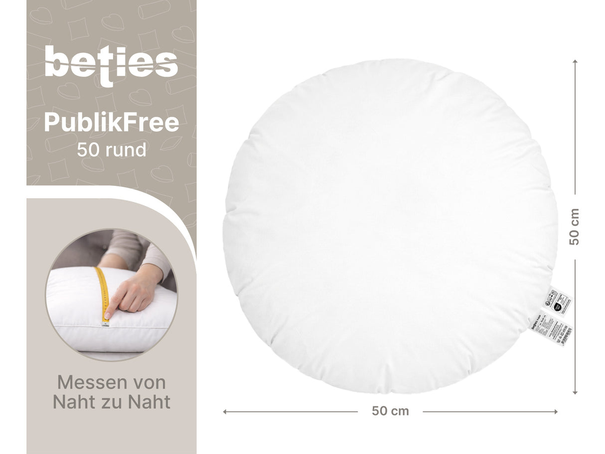 beties PublikFree Polyesterflocken Füllkissen 50 cm rund – Maßzeichnung Durchmesser 50 cm, rundes veganes Dekokissen ohne Federn, Kissenbezug Baumwolle