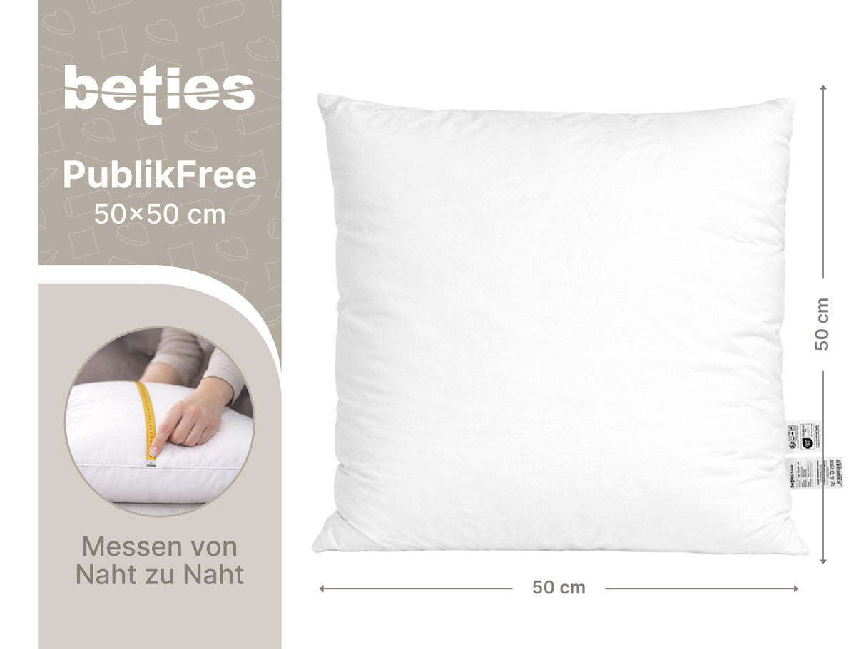 beties PublikFree Polyesterflocken Füllkissen 50x50 cm – Maßzeichnung Breite 50 cm Höhe 50 cm, veganes Dekokissen ohne Federn, Kissenbezug Baumwolle