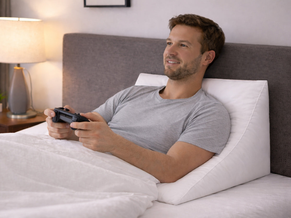 beties Publikrelax Stuetzkissen Keilkissen – Milieu-Aufnahme Anwendung – Mann, der im Bett liegt, und mit dem Oberkoerper auf dem Keilkissen liegt