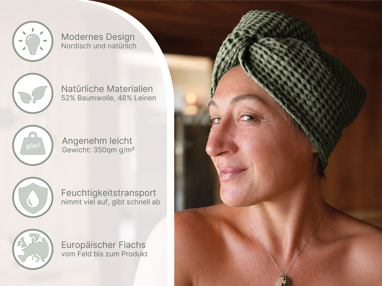 beties Pur Nature Haarturban Salbeigrün – Spa-Feeling zu Hause, Waffelpiqué aus Leinen-Baumwoll-Mix fakten