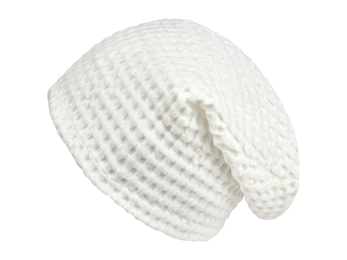 Sauna-Beanie von hinten in der Farbe Gletscher-weiss One-Size Unisex aus Waffelpique Baumwoll-Leinenmix von beties aus der "PUR.NATURE" Serie.