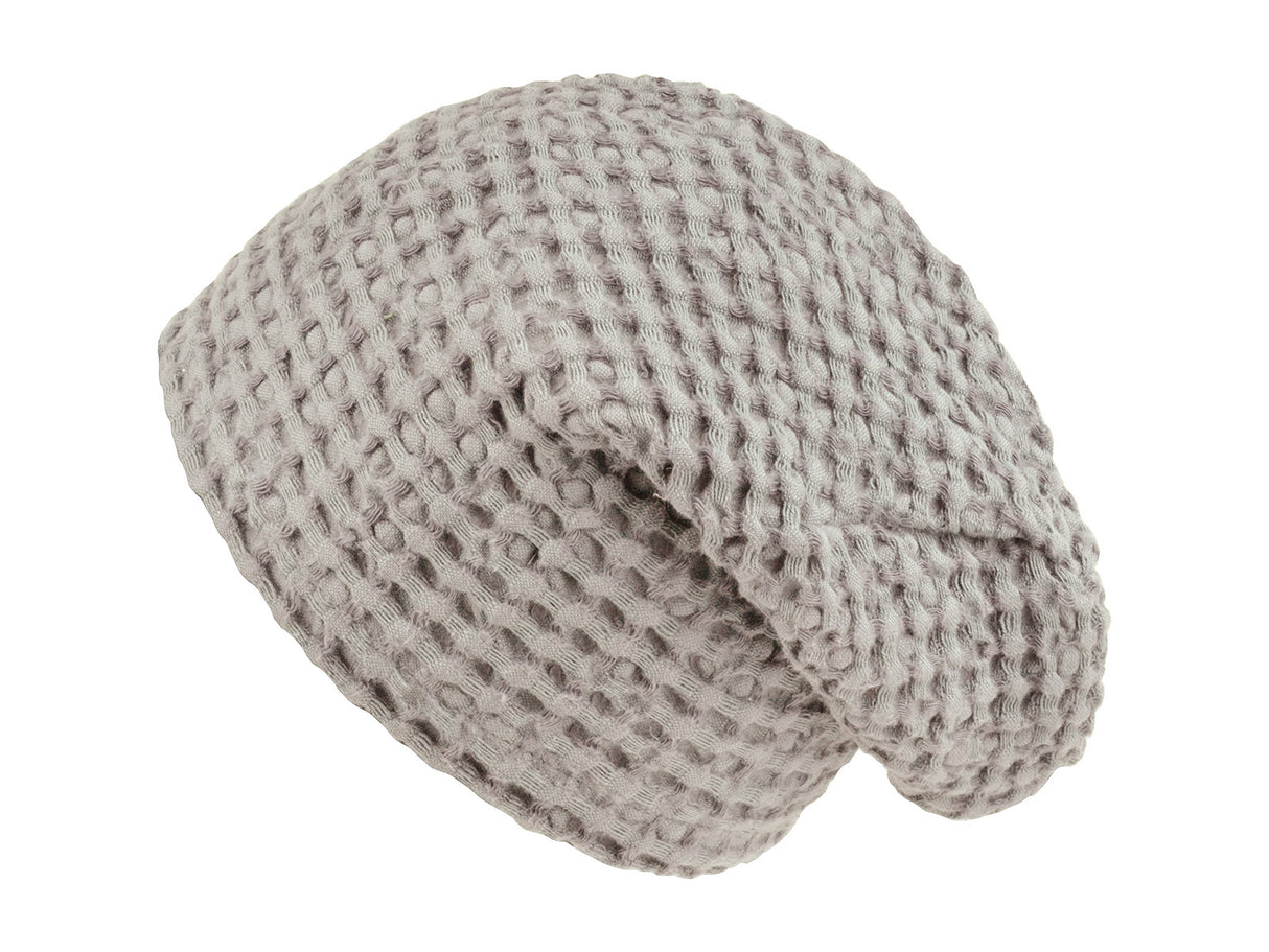 Sauna-Beanie von hinten in der Farbe Nebel-grau One-Size Unisex aus Waffelpique Baumwoll-Leinenmix von beties aus der "PUR.NATURE" Serie.