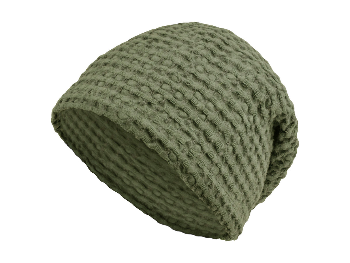 Sauna-Beanie von vorne in der Farbe Salbei-gruen One-Size Unisex aus Waffelpique Baumwoll-Leinenmix von beties aus der "PUR.NATURE" Serie.