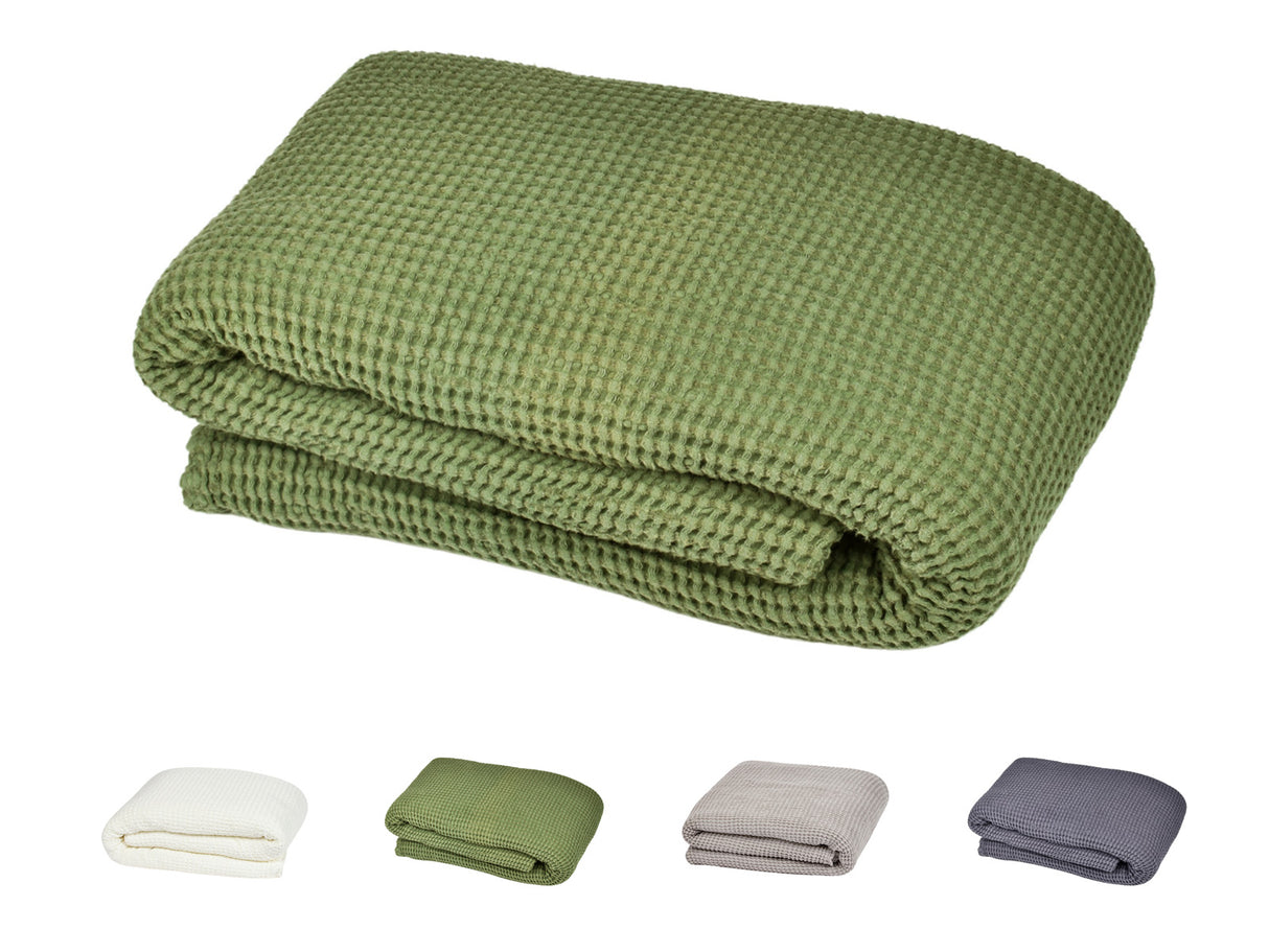 Wellnesstuch & Wohndecke ca. 215x230 cm – Waffelpique aus Baumwolle & Leinen – Hygienisch & Stilvoll für Wohnen, Schlafen, Sauna & Wellness von beties aus der "PUR.NATURE" Serie. In den uni Farben Nebel-grau, Salbei-grün, Gletscher-weiss Und Fjord-blau.