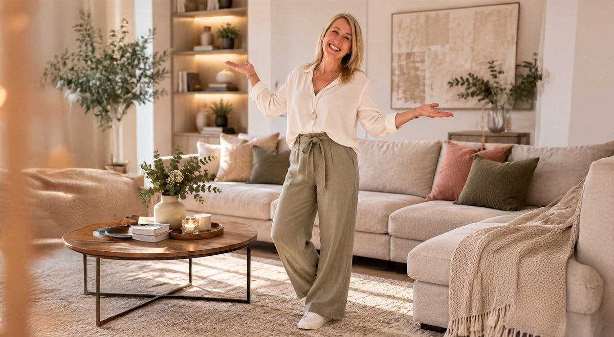 Blonde Frau steht lächelnd vor einem Sofa mit dekorativen Kissen in einem hell und gemütlich eingerichteten Wohnzimmer.