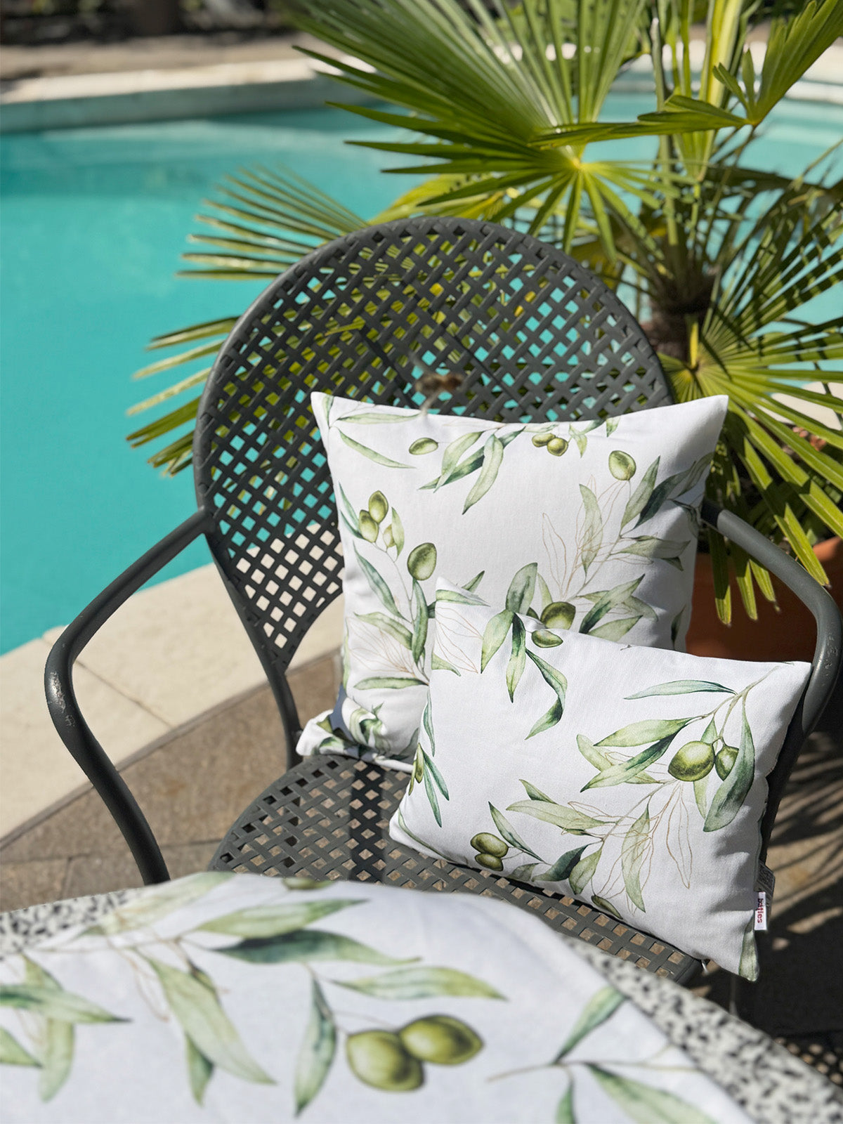 Zwei dekorative Kissen mit grünem Olivenzweig-Muster liegen auf einem schwarzen Metallstuhl im Freien an einem Swimmingpool, mit Sonnenlicht und einer Topfpalme im Hintergrund. 