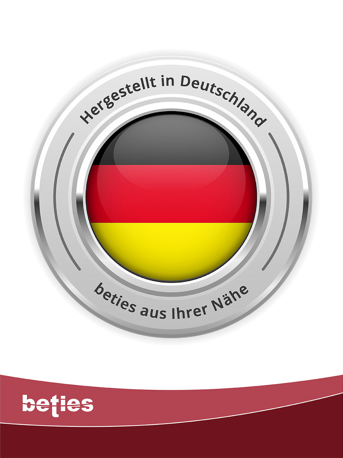 Logo, Hergestellt in Deutschland, mit einem Button in den Farben schwarz, rot gelb