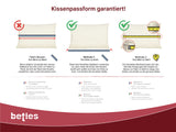Anleitung zum richtigen Messen des Kissens, mit einem flexiblen Massband von Naht zu Naht inklusive der Kissenrundung.