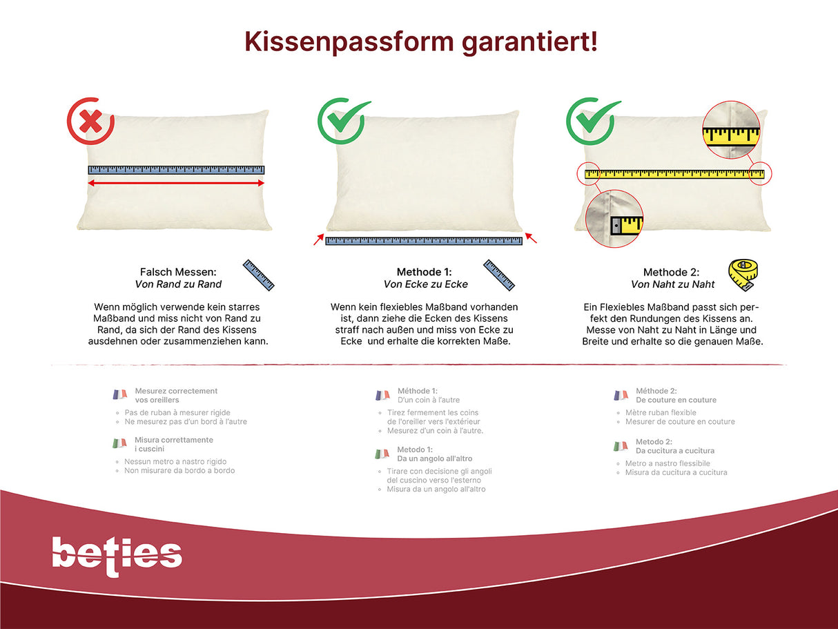 Anleitung zum richtigen Messen des Kissens, mit einem flexiblen Massband von Naht zu Naht inklusive der Kissenrundung.