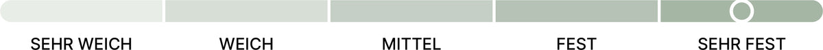 beties PublikPrall Innenkissen mit horizontaler 5-stufiger Festigkeitsskala von sehr weich über weich, mittel und fest bis sehr fest. Der weiße Markierungskreis steht im Bereich ‚Sehr fest‘