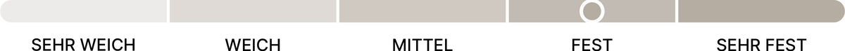 beties PublikUp Innenkissen mit horizontaler 5-stufiger Festigkeitsskala von sehr weich über weich, mittel und fest bis sehr fest. Der weiße Markierungskreis steht im Bereich ‚Fest‘