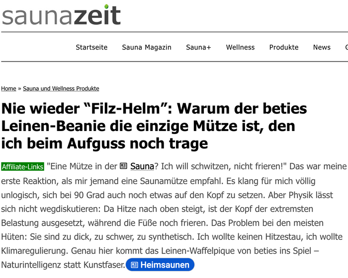 Saunazeit Artikel über den leinen saunabeanie von beties
