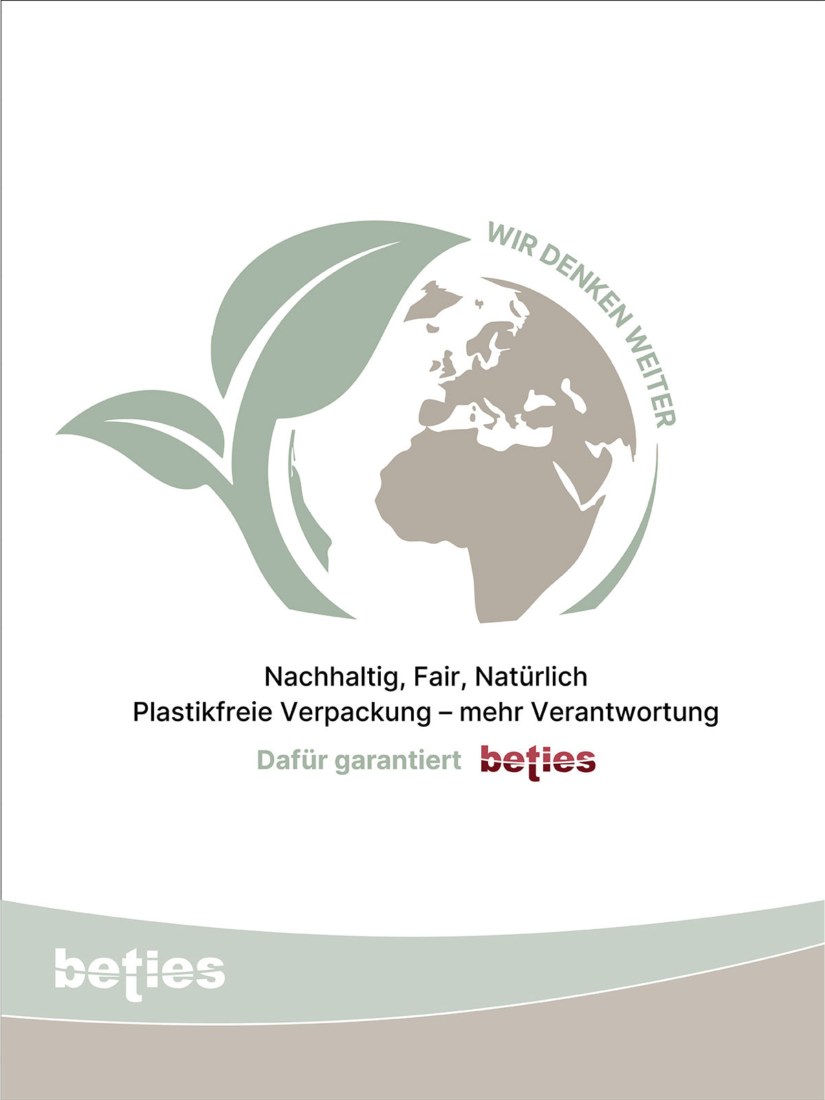Logo, das nachhaltige und plastikfreie Verpackungen garantiert, mit einem gruenen Blatt und einem stilisierten Globus im Hintergrund.