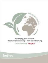 Logo, das nachhaltige und plastikfreie Verpackungen garantiert, mit einem gruenen Blatt und einem stilisierten Globus im Hintergrund.