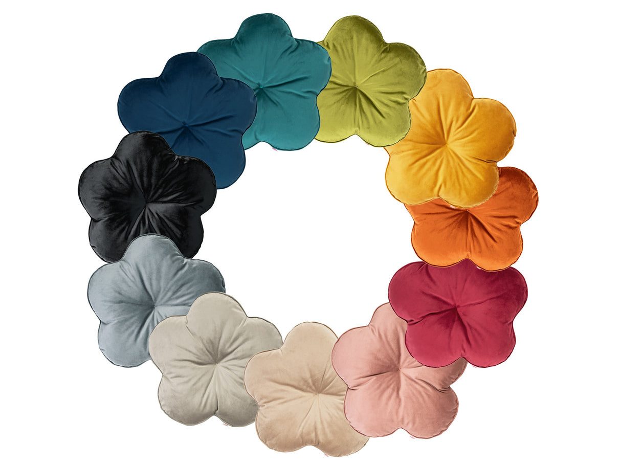 Kissen in Form einer Blume ca. 50 cm Ø rundes Deko Formkissen Sitzkissen gefüllt aus der beties Samt&Sonders Serie. In den uni Farben mai-gruen, curry-senf-gelb, rost-orange, karmin-rot, altrosa, braun-beige, taupe, stein-grau, schwarz, admiral-blau und petrol.