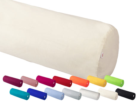 Eine hellbeige XL Rolle auf einem weissen  Hintergrund. Darunter sind zwei Reihen mit Bezuegen fuer XL Rollen in den Farben Hibiskus, Altrosa, Pink, Rot, Orange, Gelb, Apfelgruen, Petrol, Royal-Blau, Hellblau, Hellgrau, Weiss, Hellbeige und Schwarz.