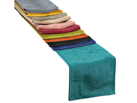 Samt Tischband in den Farben stein-grau, schwarz, admiral-blau, petrol, mai-gruen, taupe, braun-beige, altrosa, karmin-rot, rost-orange und curry-senf-gelb.