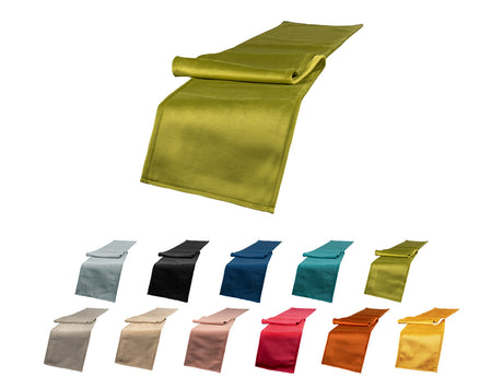 Samt Tischband in der Farbe mai-gruen, darunter sind die gleichen Tischlaeufer in den Farben stein-grau, schwarz, admiral-blau, petrol, mai-gruen, taupe, braun-beige, altrosa, karmin-rot, rost-orange und curry-senf-gelb abgebildet.