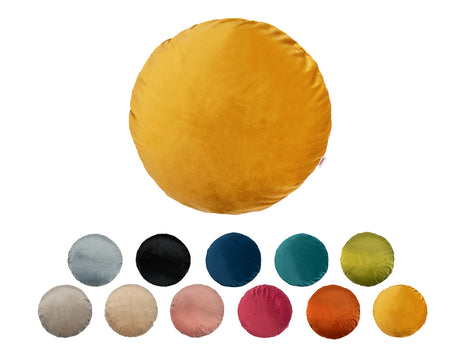 Runde Kissenbezuege ca. 40 cm Ø kuscheliger Samt aus der  beties Samt&Sonders Serie. In den uni Farben mai-gruen, curry-senf-gelb, rost-orange, karmin-rot,altrosa, braun-beige, taupe, stein-grau, schwarz, admiral-blau und petrol.