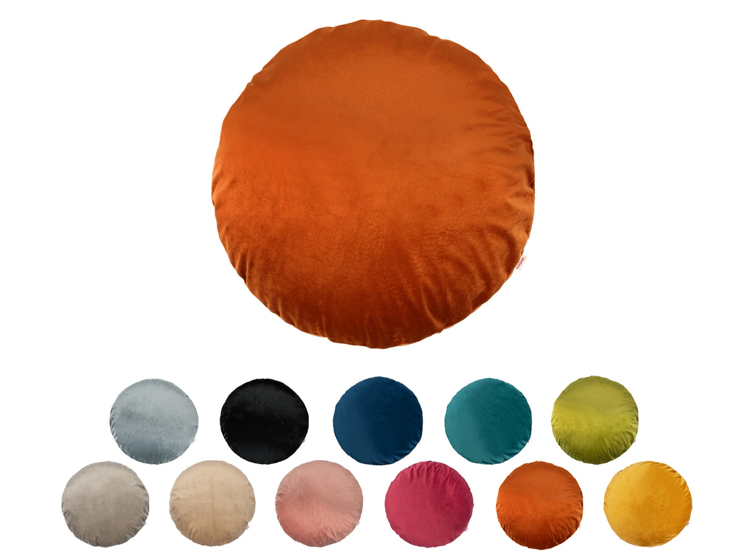 Runde Kissenbezuege ca. 80 cm Ø kuscheliger Samt aus der  beties Samt&Sonders Serie. In den uni Farben mai-gruen, curry-senf-gelb, rost-orange, karmin-rot,altrosa, braun-beige, taupe, stein-grau, schwarz, admiral-blau und petrol.