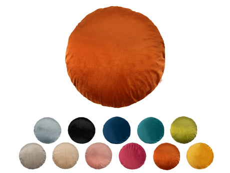 Runde Kissenbezuege ca. 80 cm Ø kuscheliger Samt aus der  beties Samt&Sonders Serie. In den uni Farben mai-gruen, curry-senf-gelb, rost-orange, karmin-rot,altrosa, braun-beige, taupe, stein-grau, schwarz, admiral-blau und petrol.
