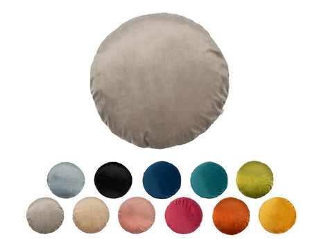 Runde Kissenhülle ca. 60 cm Ø kuscheliger Samt aus der beties Samt&Sonders Serie. In den Farben mai-gruen, curry-senf-gelb, rost-orange,karmin-rot, altrosa, braun-beige, taupe, stein-grau, schwarz, admiral-blau und petrol.
