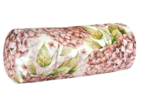 Weisser Bezug für Nackenrollen im Landhausstil, bedruckt mit rosa/pinken Hortensien-Blueten.