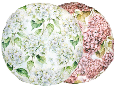 Gebluemte, runde Kissenbezuege im Landhausstil, bedruckt mit rosa/pinken oder weissen Hortensien-Blueten.