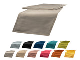 Samt Tischlaeufer in der Farbe taupe, darunter sind die gleichen Tischlaeufer in den Farben stein-grau, schwarz, admiral-blau, petrol, mai-gruen, taupe, braun-beige, altrosa, karmin-rot, rost-orange und curry-senf-gelb abgebildet.