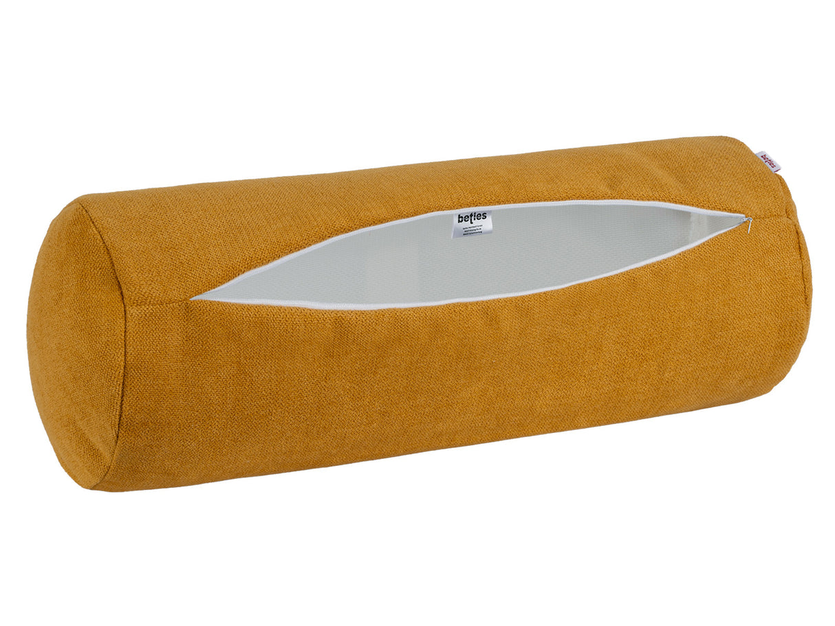 XL Rollenhülle 25x70 cm curry-gelb beties „FarbTon" – Kissenbezug mit geöffnetem Reißverschluss, Seitenansicht