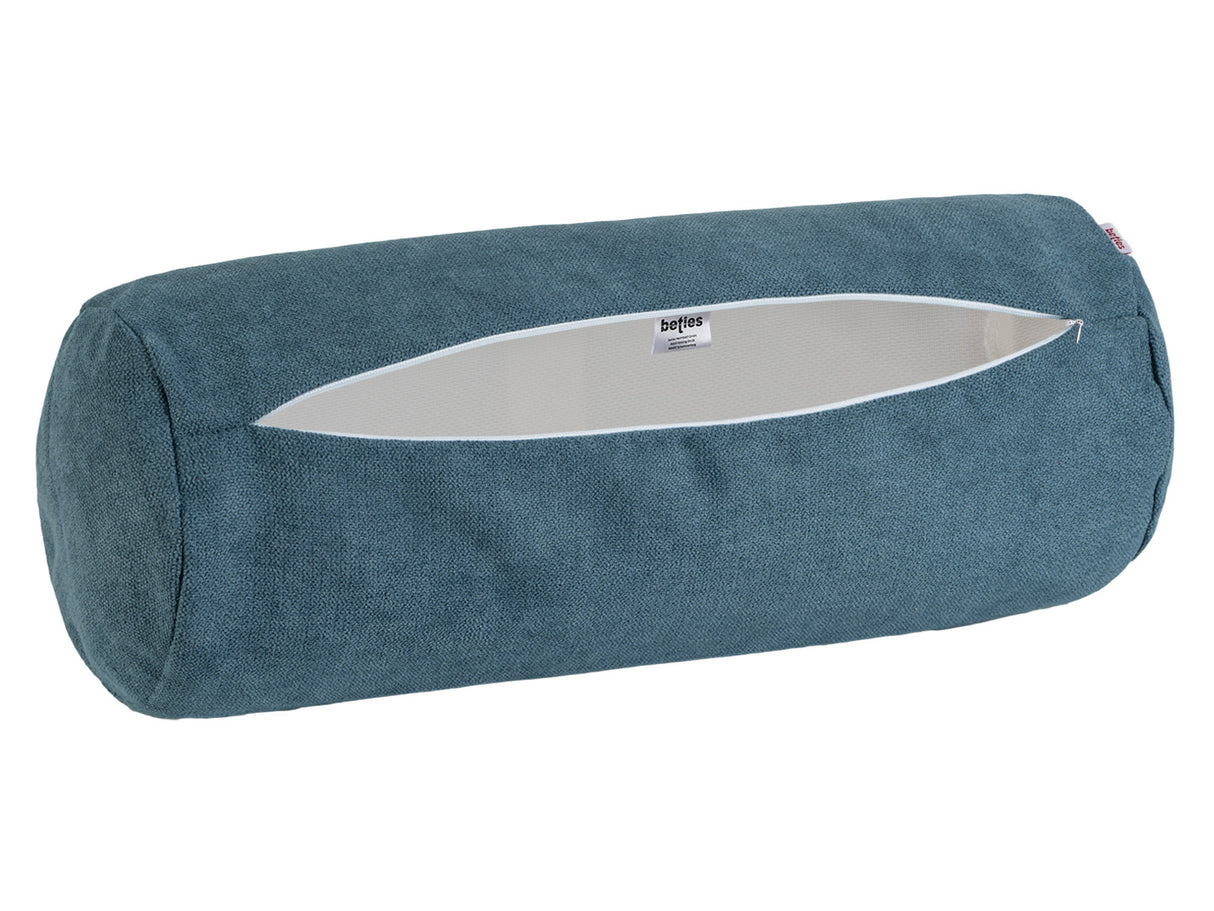XL Rollenhülle 25x70 cm nordlicht-blau beties „FarbTon" – Kissenbezug mit geöffnetem Reißverschluss, Seitenansicht