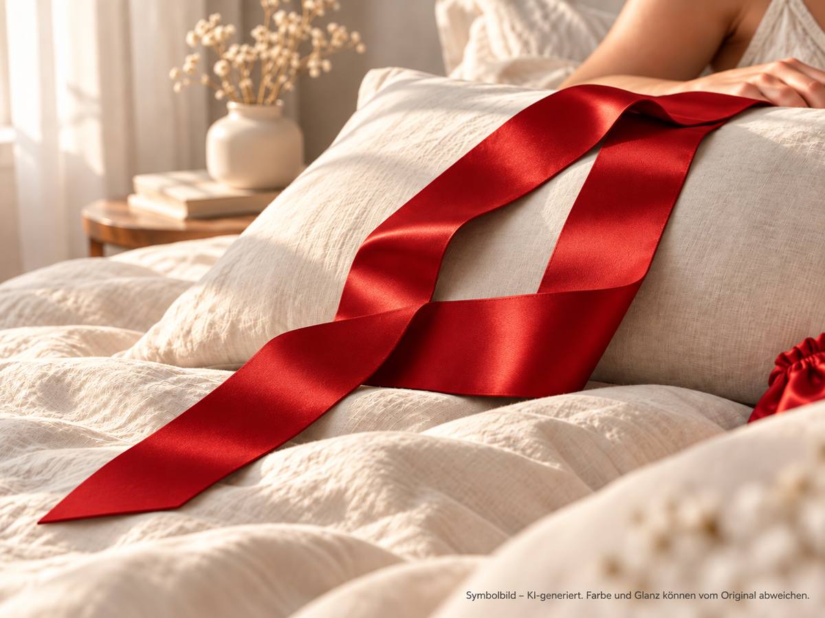 Satin-Schlafmaske in karmin-rot locker auf einem Kopfkissen im hellen Schlafzimmer, daneben das passende Säckchen – Symbolbild, KI-generiert. Farbe und Glanz können vom Original abweichen.