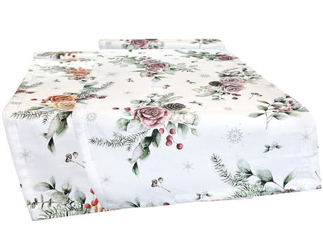 Tischläufer ca. 40x130 cm – Winterdeko mit gefrosteten Rosen – 100% Baumwolle – beties Magie des Winters "Frost-Rose"