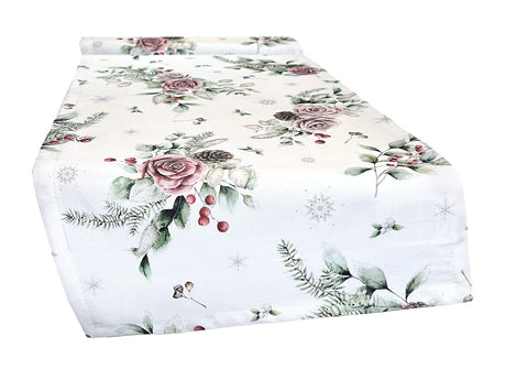 Tischläufer ca. 40x130 cm mauve – Winterdeko mit gefrosteten Rosen – 100% Baumwolle – beties Magie des Winters "Frost-Rose"