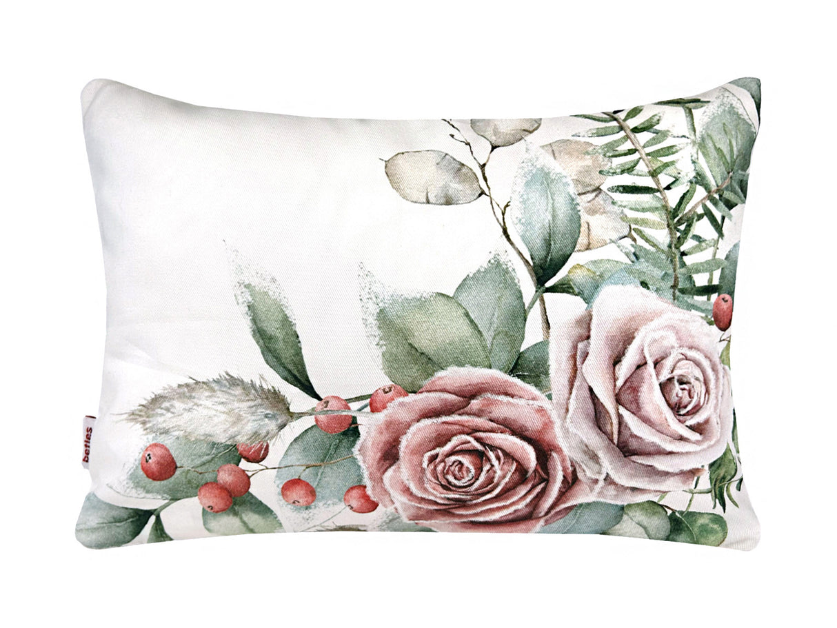 Kissenhülle ca. 25x35 cm mauve – Winterdeko mit gefrostetem Rosen-Bukett – 100% Baumwolle – Aus der beties Magie des Winters "Frost-Rose-Bukett" Kollektion.
