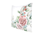 Weisse Kissenhülle ca. 50x50 cm – Winterdeko mit rosa gefrosteten Rosen Bukett – 100% Baumwolle – Aus der beties Magie des Winters "Frost-Rose Bukett" Kollektion.