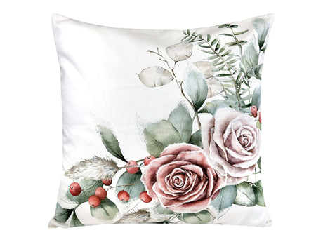 Kissenhülle ca. 50x50 cm mauve – Winterdeko mit gefrostetem Rosen-Bukett – 100% Baumwolle – beties Magie des Winters "Frost-Rose-Bukett"